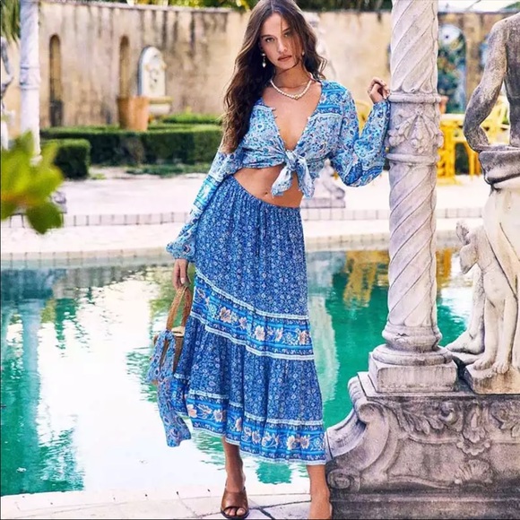 Boho floral gypsy skirt print maxi long blue - Picture 4 of 14